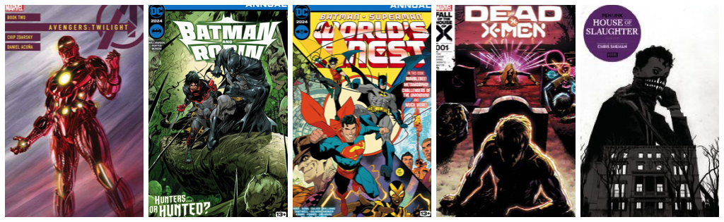 NewComics13124A Avengers Twilight #2; Batman & Robin 2024 Annual; Batman/Superman World’s Finest 2024 Annual; DC Power 2024 #1; Dead X-Men #1; House Of Slaughter: Pen & Ink #1